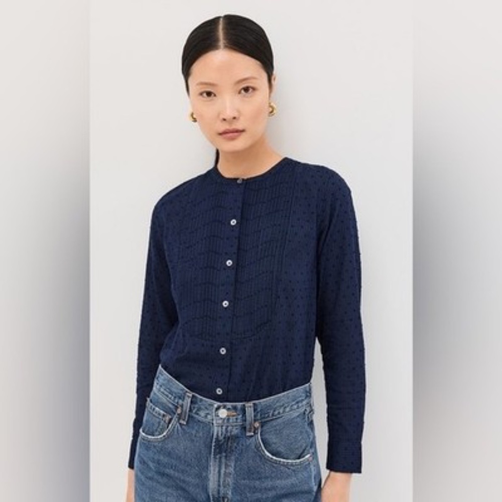 Clare V NWT Le Tux Top in Navy Swiss Dots Womens S Classic Work Button Down.